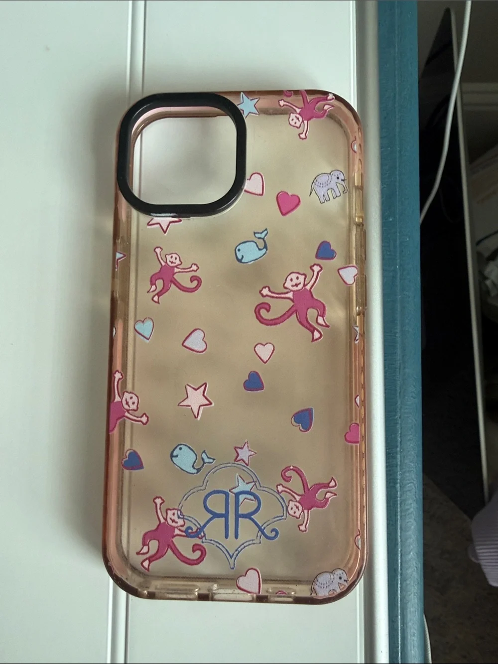 Roller Rabbit iPhone 15 Pink & Blue Monkey Pattern Clear Phone Case